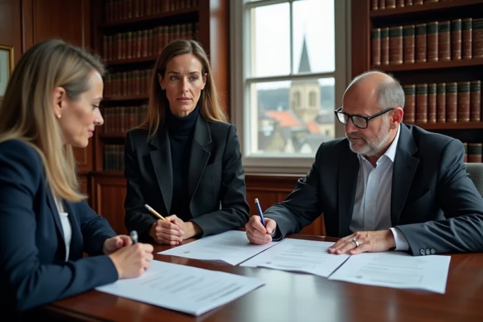 Signature d'un acte de vente immobilière chez un notaire à Quimper avec un couple en instance de divorce finalisant la cession de leur maison