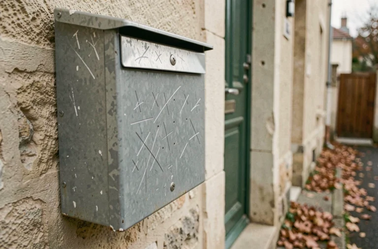Gros plan sur une boîte aux lettres métallique avec des signes de marquage suspects gravés sur la surface, indicateurs possibles d'un repérage avant cambriolage