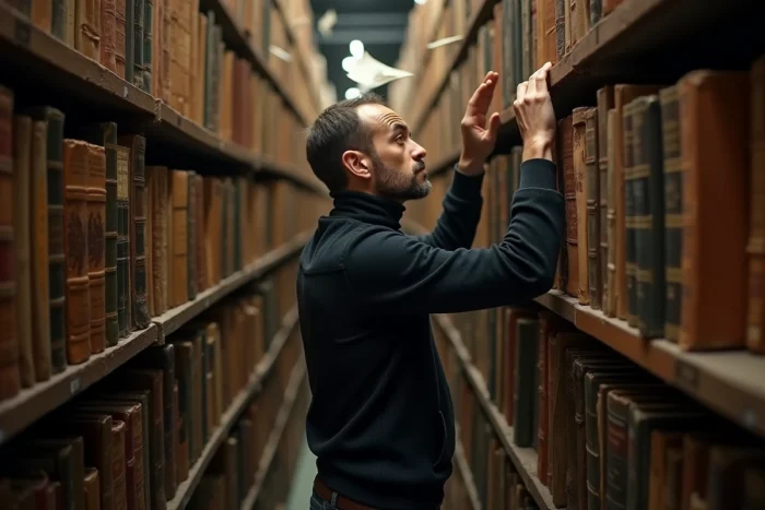 Silhouette énigmatique d'un auteur dans une librairie ancienne entourée de pages volantes