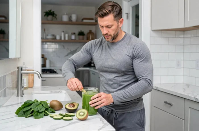 Homme préparant un smoothie vert détox avec des fruits et légumes frais pour retrouver la vitalité après les fêtes
