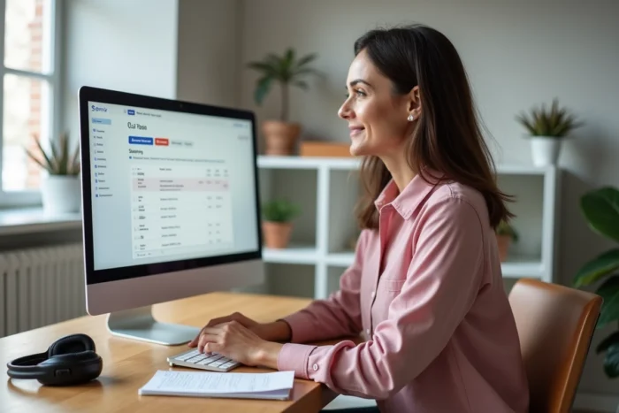 Femme utilisant l'interface Sonix pour transcrire et traduire du contenu audio