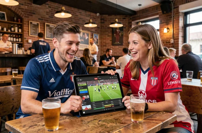 Deux amis regardant un match de football en streaming légalement sur une tablette dans un bar sportif