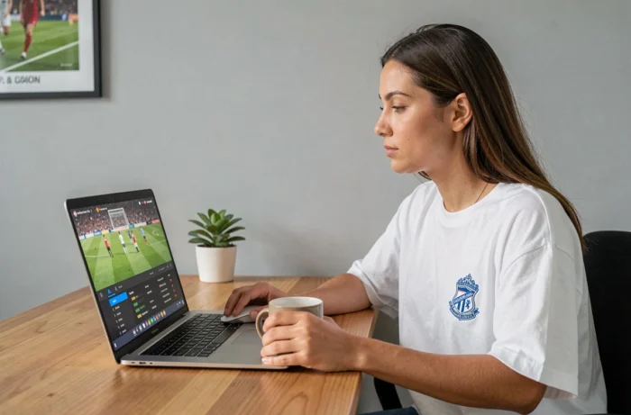 Femme regardant un match de football en streaming sur un ordinateur portable depuis un bureau à domicile