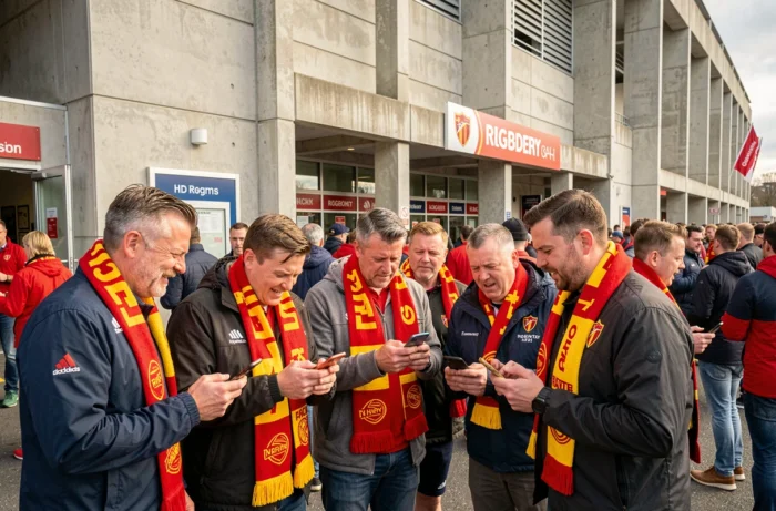 Supporters de l'ASM Clermont devant le stade discutant des rumeurs de transfert sur leurs smartphones, ambiance passionnée et incertaine