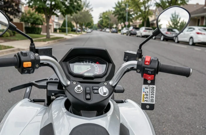 Gros plan sur le tableau de bord et les commandes d'un quad homologué pour la route avec compteur numérique et rétroviseurs