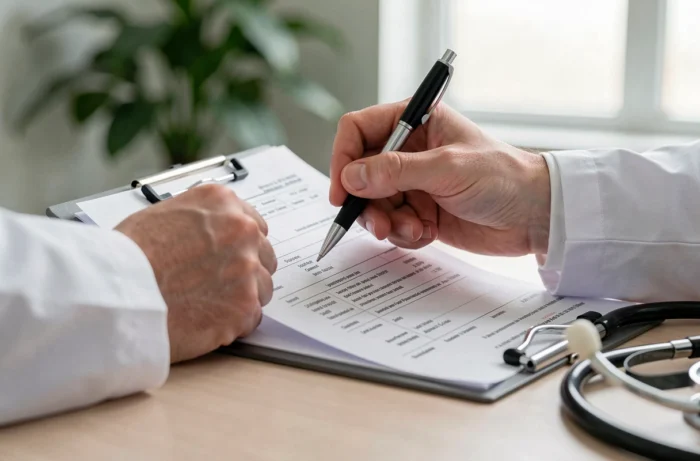 Gros plan sur les mains d'un médecin tenant une feuille de tarifs médicaux et un stylo lors d'une consultation