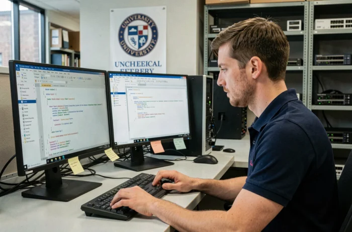 Technicien informatique universitaire diagnostiquant un problème de connexion au webmail depuis un poste de support technique