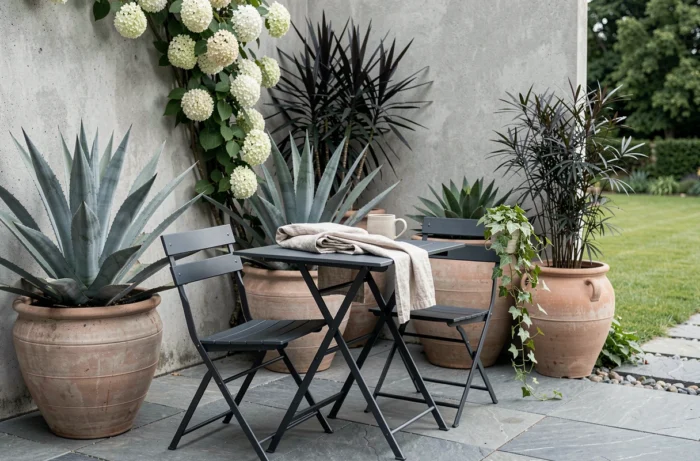 Terrasse moderne aménagée avec du mobilier de jardin anthracite et des grandes jardinières en céramique avec des plantes architecturales tendance