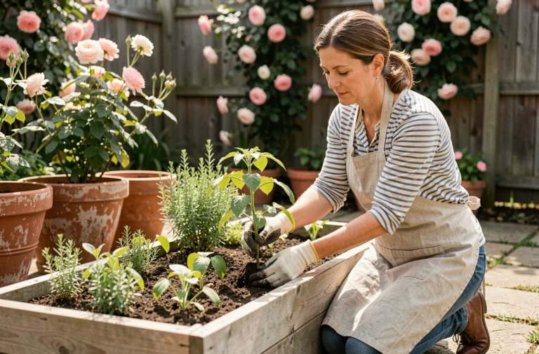 Femme jardinière qui transplante des plants de tomates dans un potager surélevé en bois entouré d'herbes aromatiques et de pots en terre cuite