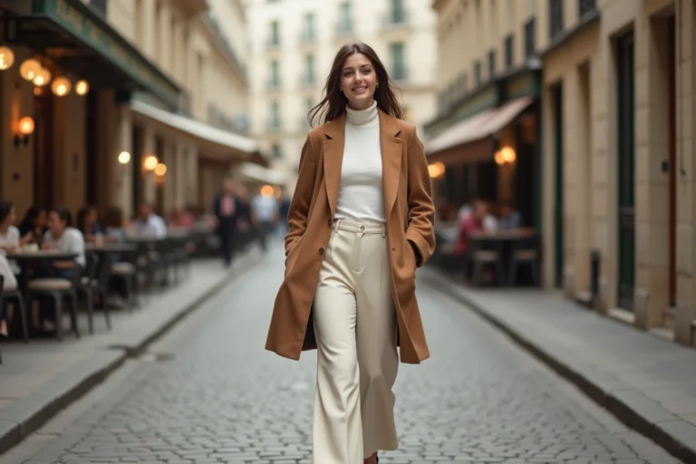 Femme élégante portant un blazer camel oversize et un pantalon large crème dans une rue pavée parisienne, look tendance automne-hiver