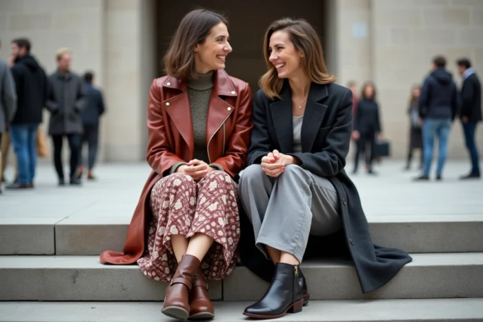 Deux femmes assises sur des marches en béton devant un musée, arborant des tenues tendance saison avec veste en cuir rouille et manteau long en laine
