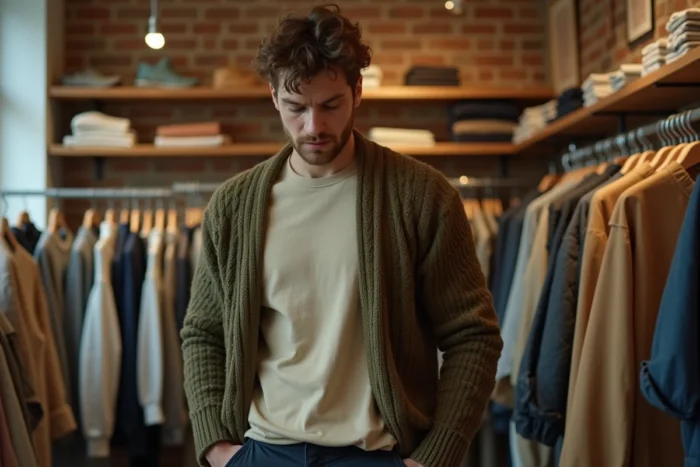 Homme en cardigan vert olive et pantalon marine explorant une boutique de mode vintage, tendances mode masculine saison actuelle