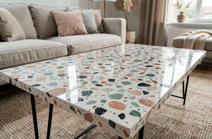 Plateau de table basse en terrazzo coulé fait main avec éclats de marbre colorés en rose, sauge et anthracite sur base en acier noir