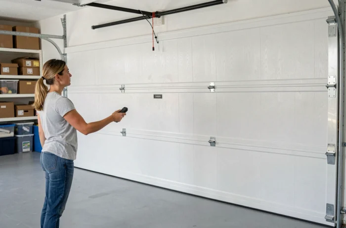 Femme testant le fonctionnement d'une porte de garage sectionnelle motorisée avec une télécommande dans un garage résidentiel