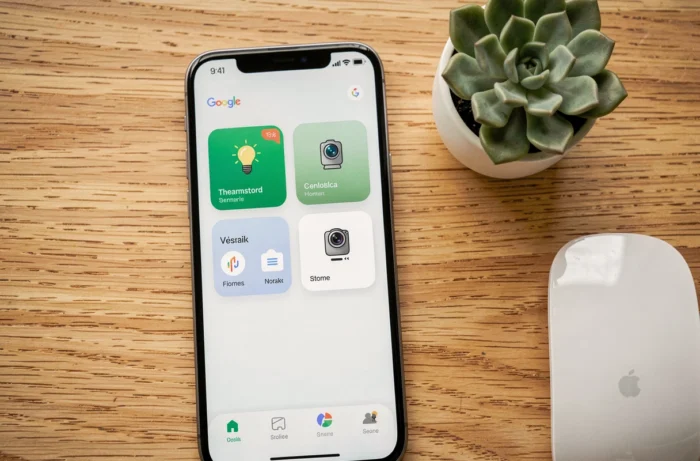 Vue aérienne d'un smartphone sur un bureau en bois affichant les tuiles de contrôle de l'application Google Home