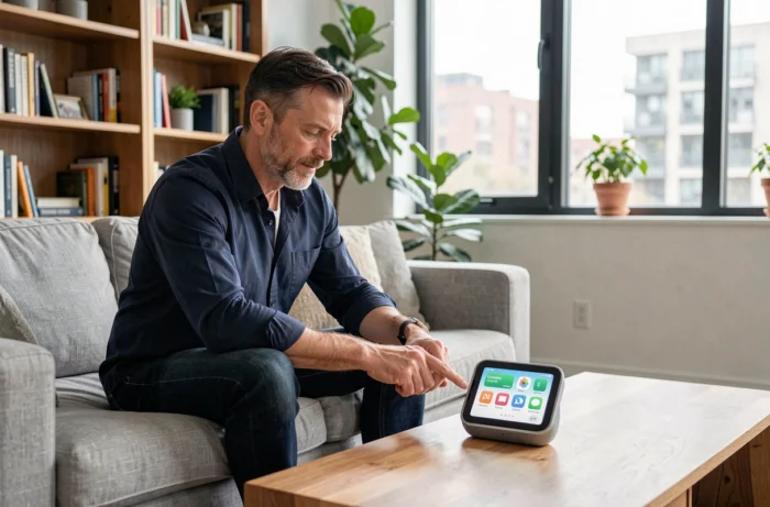 Homme interagissant avec un Google Nest Hub affichant la tuile Google Home dans un salon contemporain