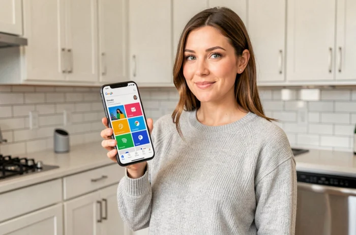 Femme utilisant la tuile Google Home sur son smartphone Android dans une cuisine moderne avec enceinte connectée en arrière-plan