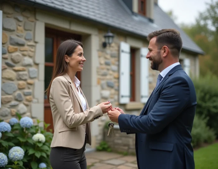 Femme remettant les clés de sa maison bretonne en pierre à un agent immobilier devant une propriété à vendre près de Quimper après un divorce