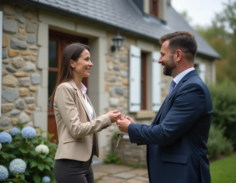 Femme remettant les clés de sa maison bretonne en pierre à un agent immobilier devant une propriété à vendre près de Quimper après un divorce