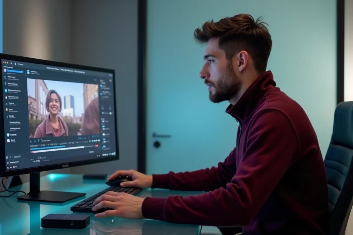 Homme utilisant VidTranslate pour traduire une vidéo avec sous-titres multilingues